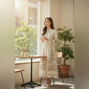 NWT Commense Floral Belted Midi Dress – Size S, Stand Collar, Workwear, Sold Out